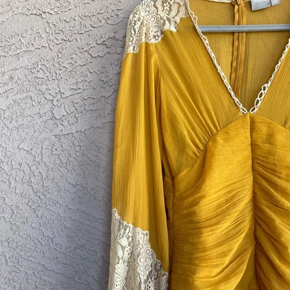 ASOS Mustard Yellow Saffron Chiffon Boho Lace Crochet Ruched Mini Dress - Picture 12 of 13